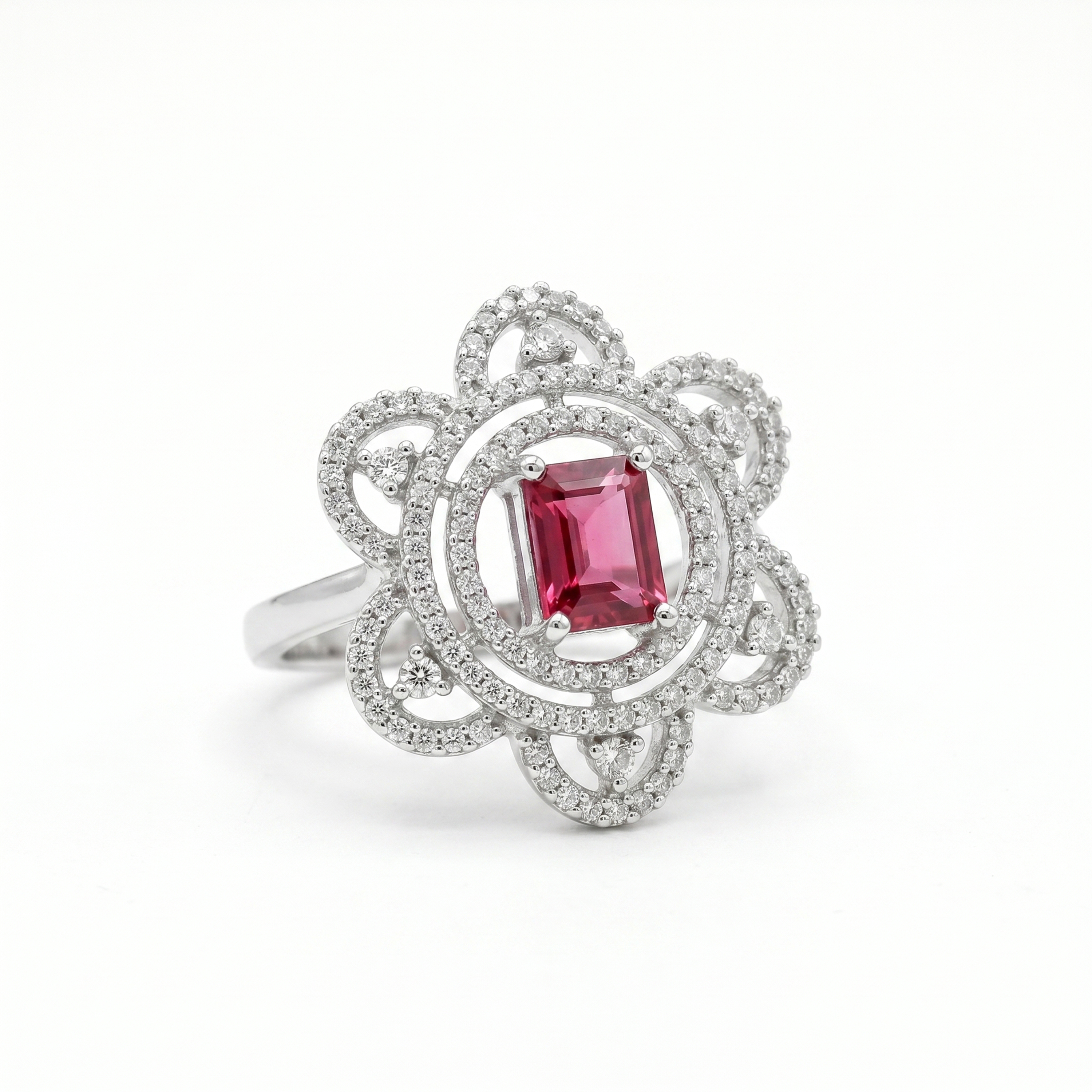 Elegant American Diamond Floral Statement Ring with Pink Emerald-Cut Stone | Silver Plated Cocktail Ring for Women & Girls | Party, Wedding & Festive Wear - Image 2