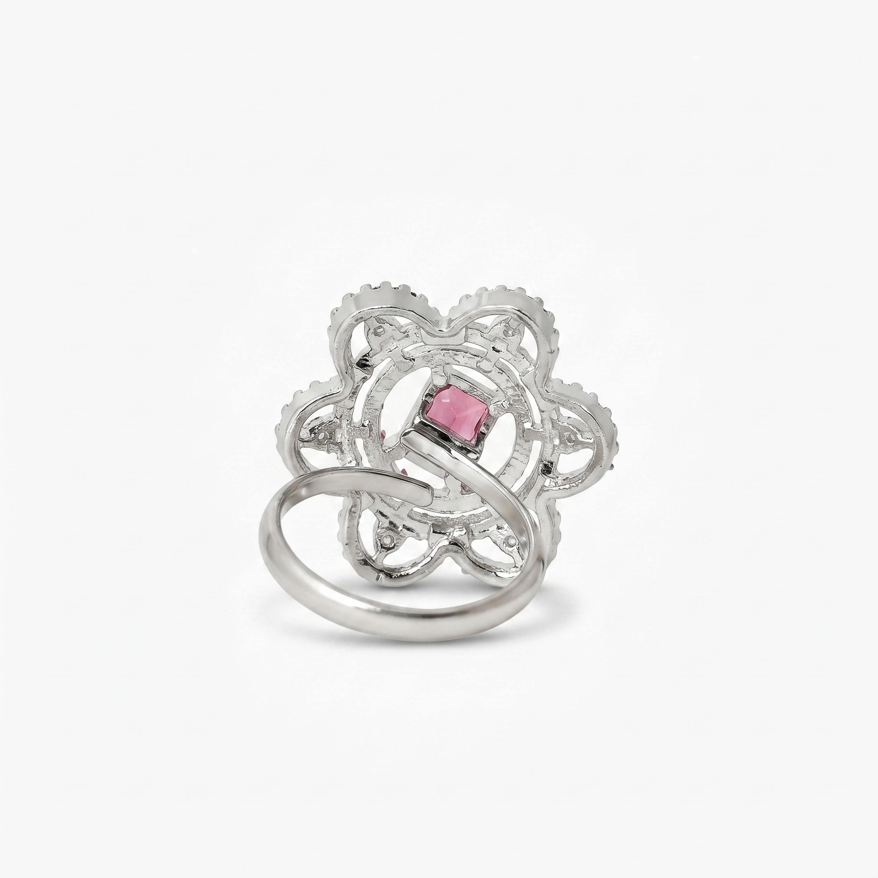 Elegant American Diamond Floral Statement Ring with Pink Emerald-Cut Stone | Silver Plated Cocktail Ring for Women & Girls | Party, Wedding & Festive Wear - Image 3