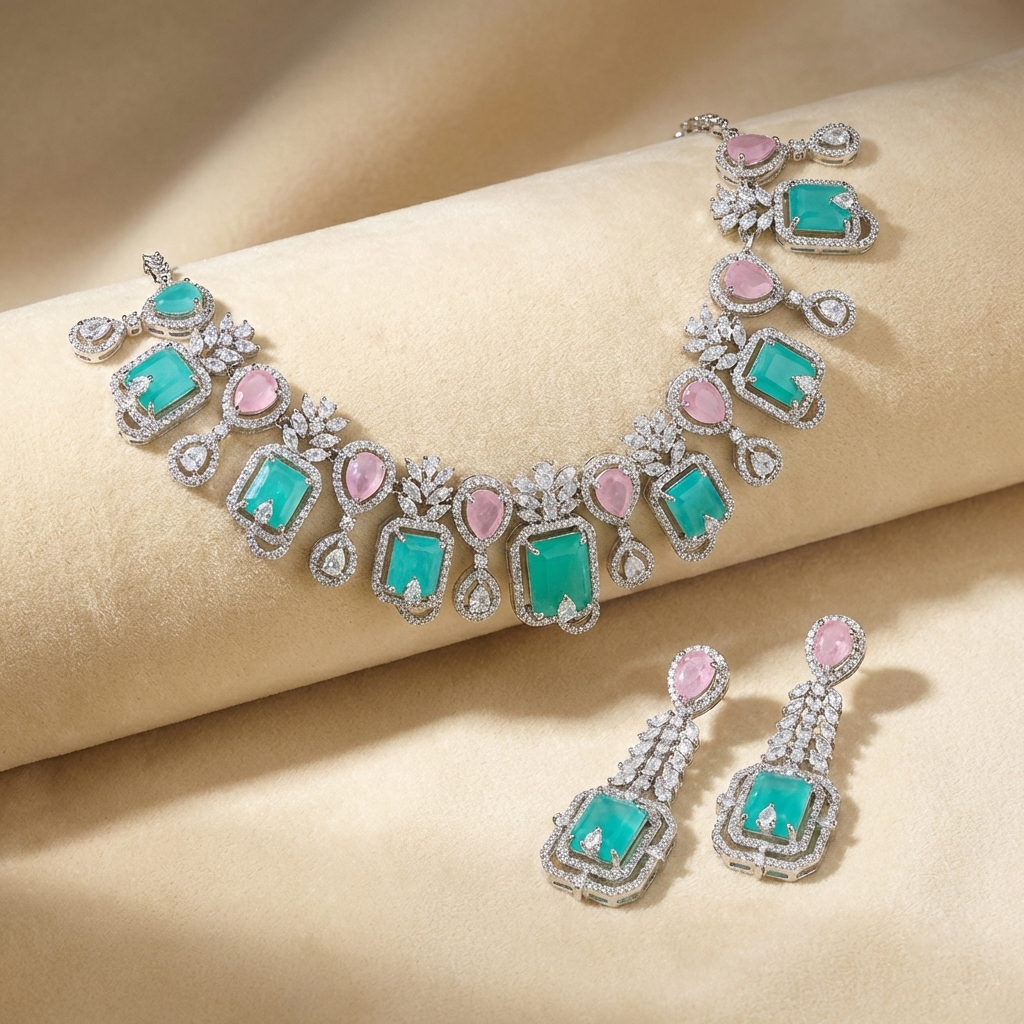 Glimvera Pink & Green AD Necklace with Earrings