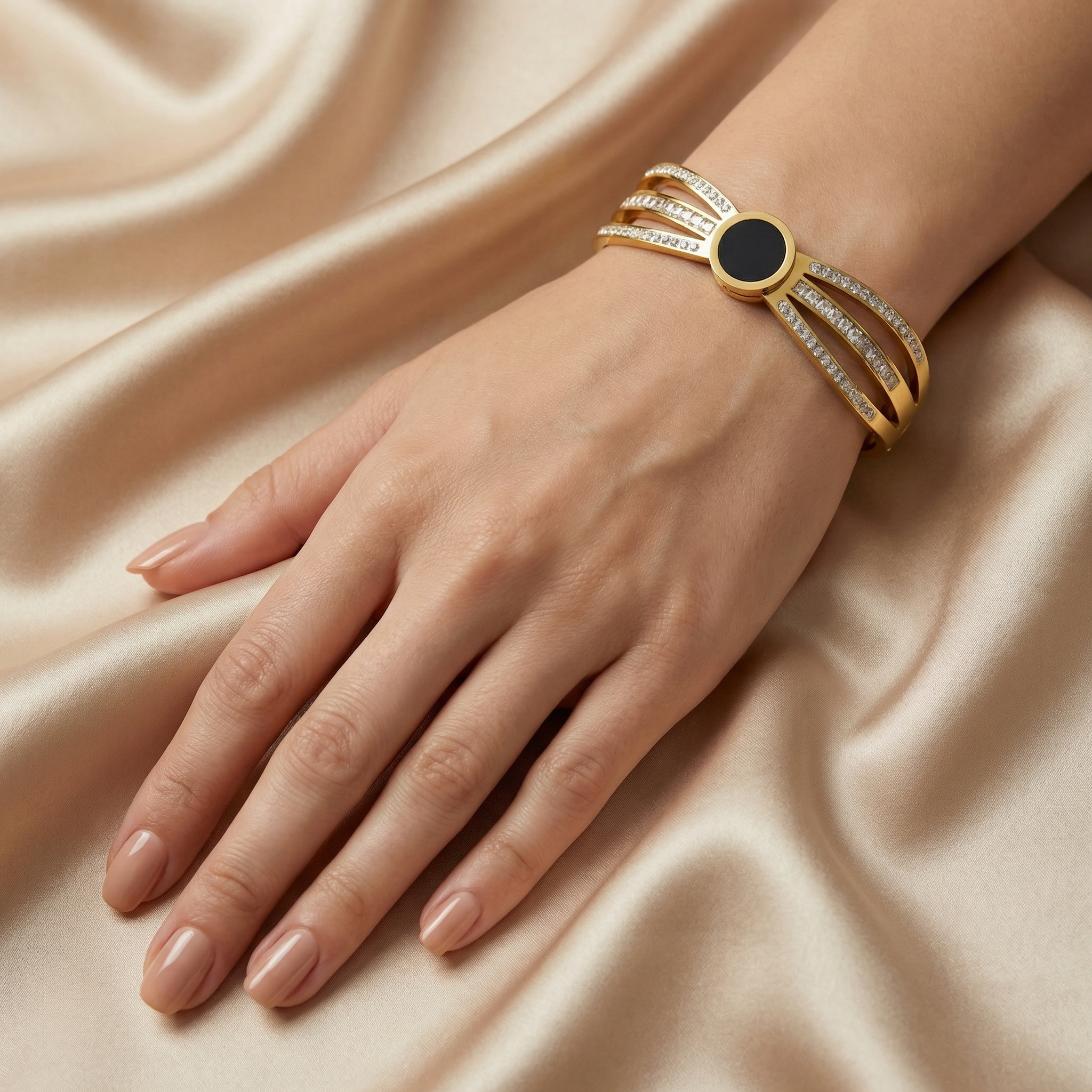 Anti Tarnish Multi-Layer Crystal Bracelet with Black Stone Center - Image 4