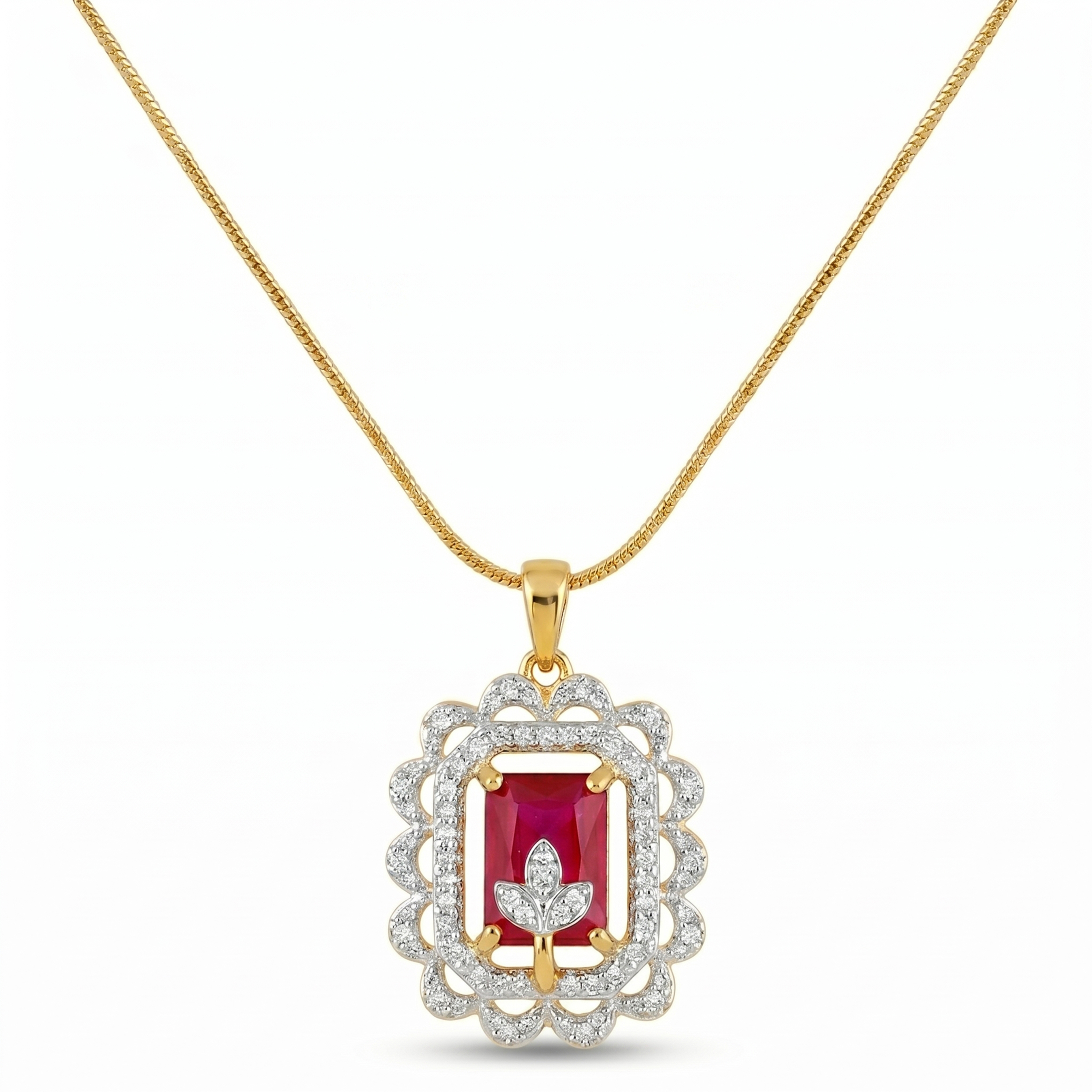 Elegant Ruby Red Pendant Necklace Set with Matching Stud Earrings | Gold Tone Chain & American Diamond Accents for Women - Image 2