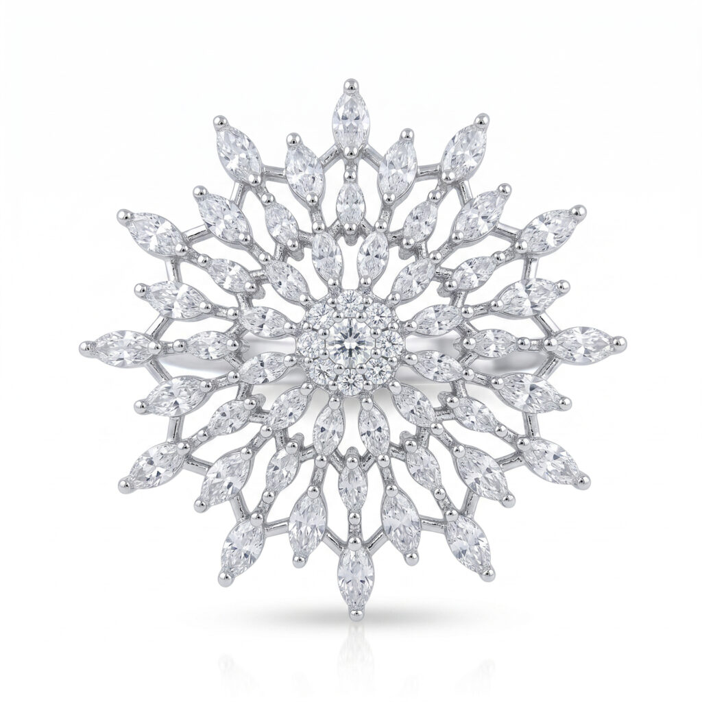 Elegant Snowflake American Diamond Statement Ring for Women | Silver Tone Crystal Floral Ring | Party, Wedding & Festive Wear