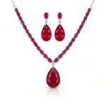 Elegant Ruby Red Teardrop Pendant Necklace Set for Women | Silver Tone Crystal Necklace with Matching Drop Earrings | Party & Wedding Jewellery