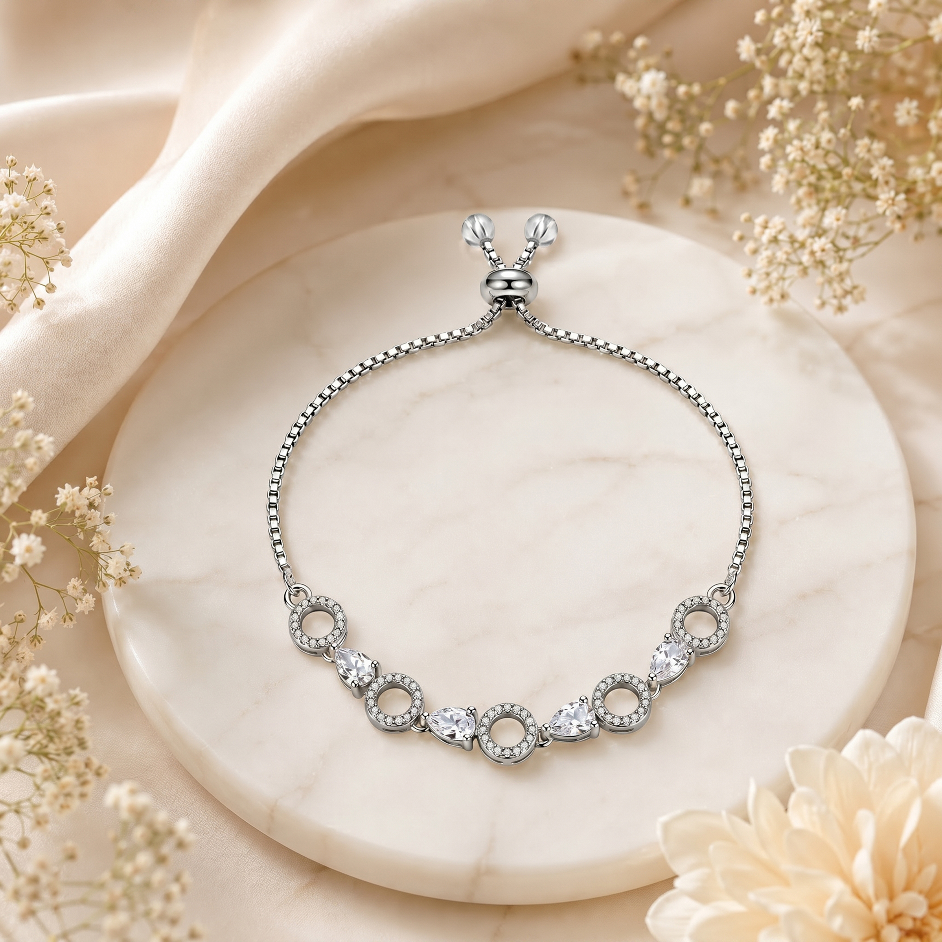 Elegant Silver-Tone American Diamond Adjustable Bracelet for Women | Open Circle & Marquise Stone Design | Premium CZ Bracelet for Party, Wedding & Daily Wear - Image 2