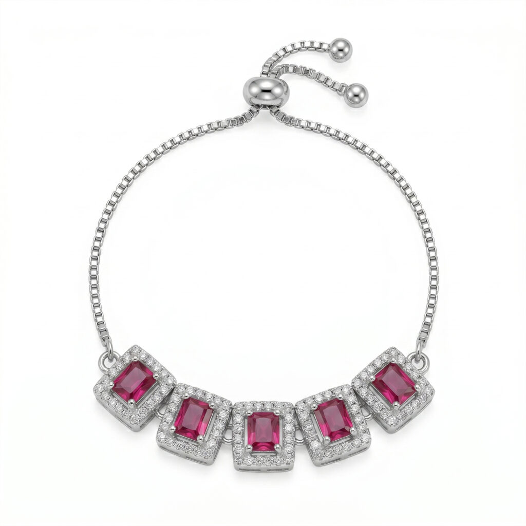 Elegant Silver-Tone Pink American Diamond Adjustable Bracelet for Women | Square Ruby Pink CZ Stone Bracelet | Premium Slider Bracelet for Party & Wedding Wear