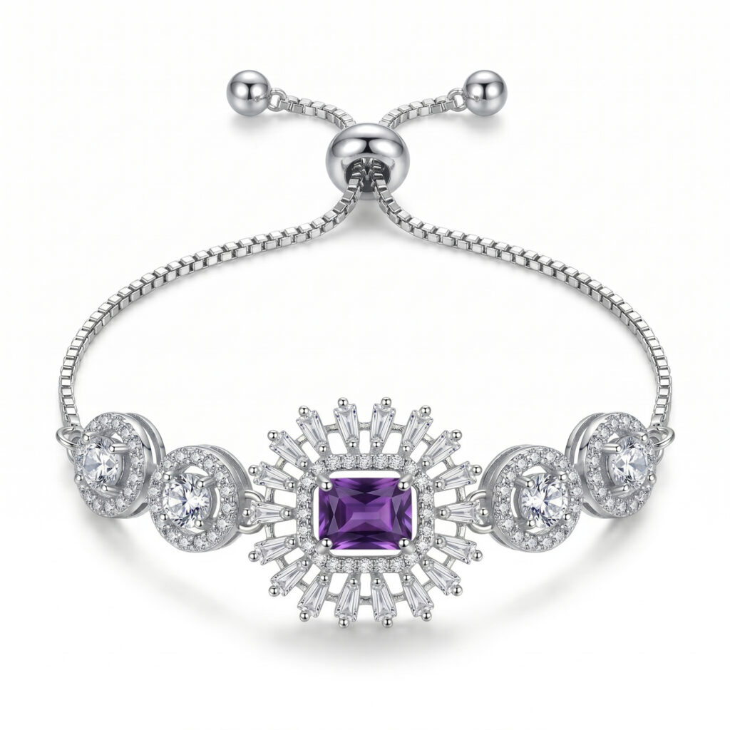Elegant Purple Stone American Diamond Adjustable Bracelet for Women | Silver-Tone AD Bracelet | Party, Wedding & Festive Wear