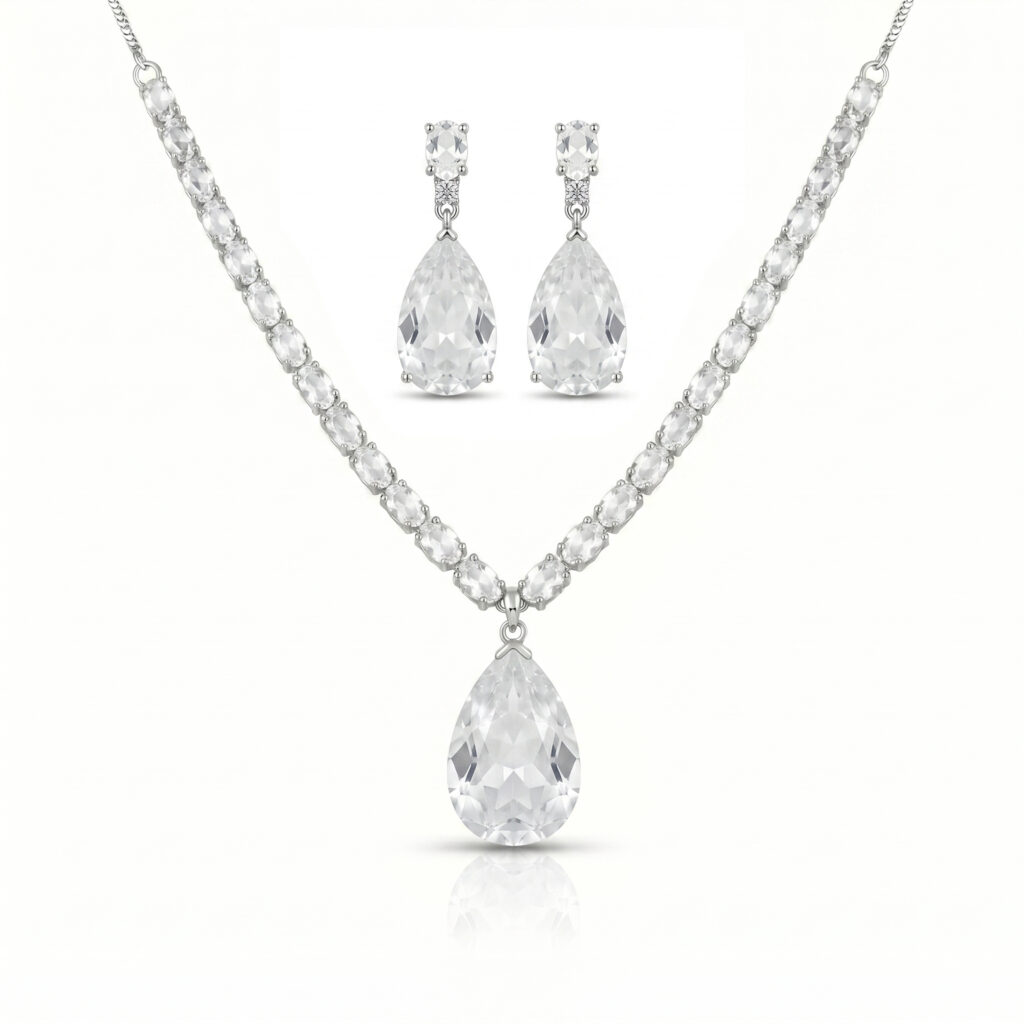 Elegant American Diamond Teardrop Necklace Set for Women | Crystal Pendant Necklace with Matching Drop Earrings | Silver Tone Wedding & Party Jewellery