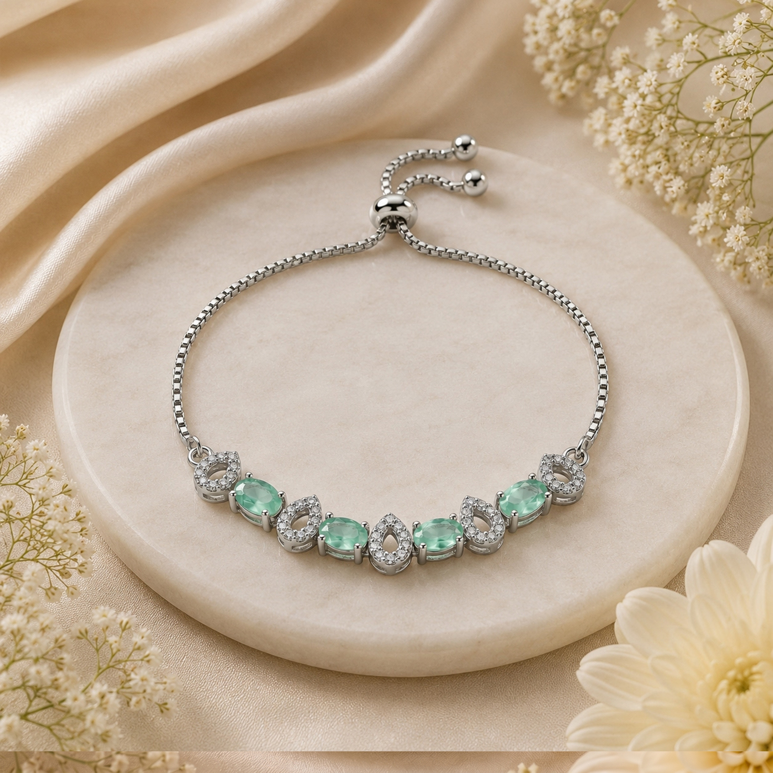 Elegant Mint Green American Diamond Adjustable Bracelet for Women | Silver-Tone CZ Bracelet | Party, Wedding & Festive Jewellery - Image 2