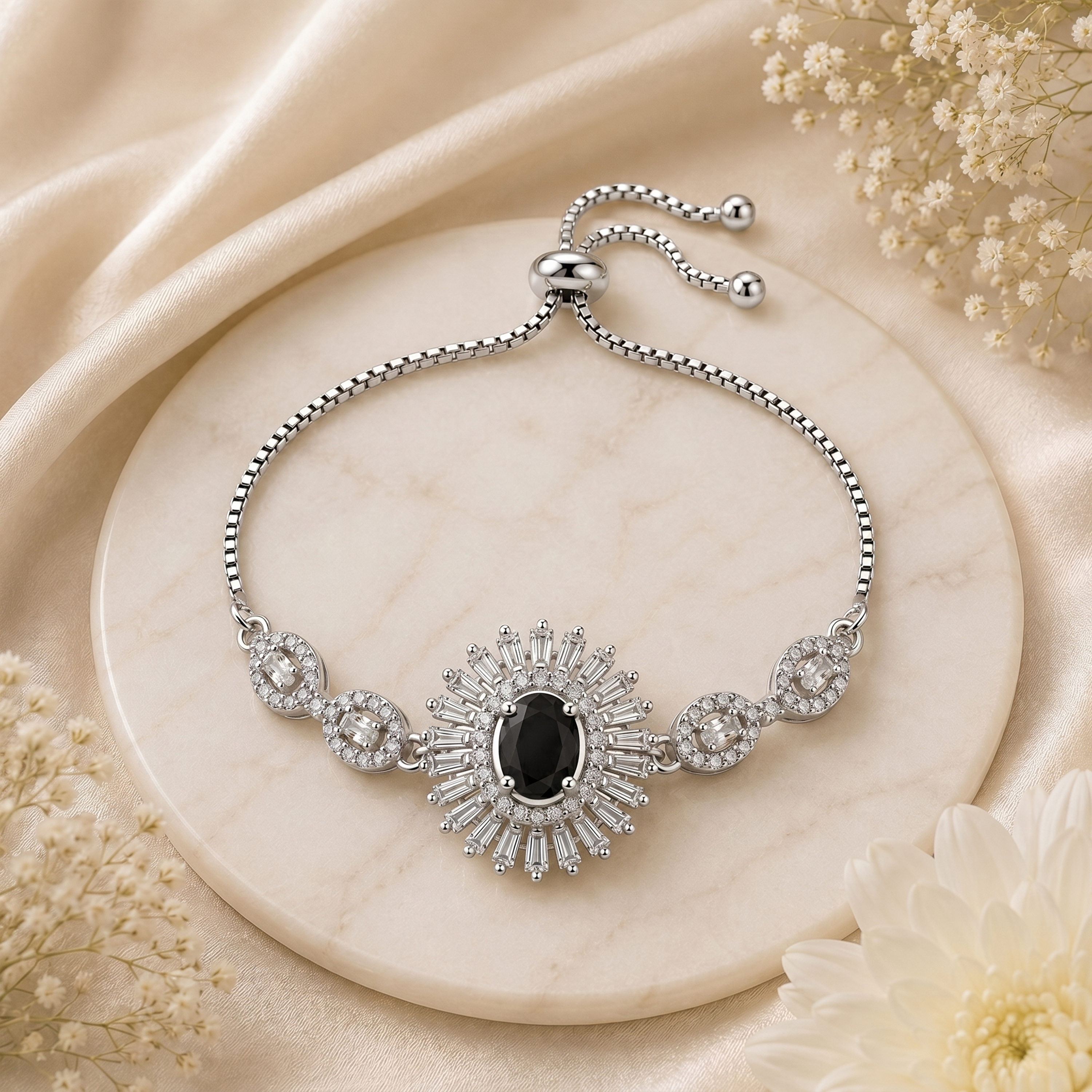 Luxury Black Stone American Diamond Adjustable Bracelet for Women | Silver Tone Statement Bracelet | Party, Wedding & Festive Jewelry - Image 2