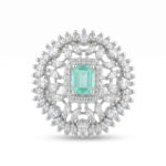 Luxury American Diamond Floral Statement Ring with Aqua Green Emerald-Cut Stone | Silver Plated Cocktail Ring for Women & Girls | Wedding, Party & Festive Wear